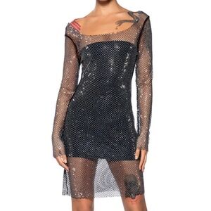 AKIRA Black Iridescent Rhinestone Mesh Bodycon Party Club Dress